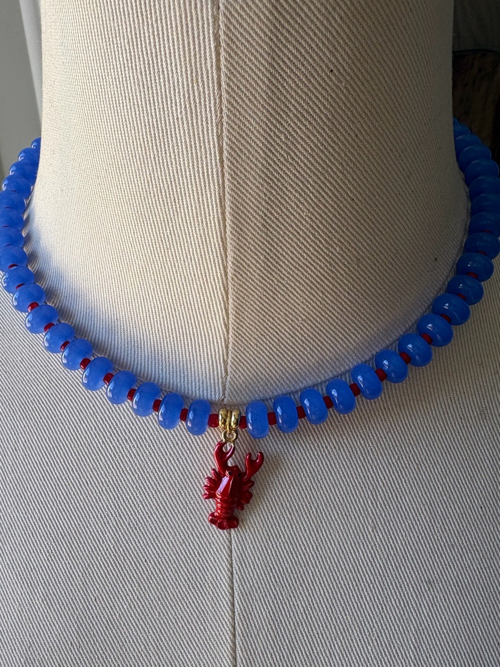 Nautical Blue Beaded Necklace with Red Lobster Charm